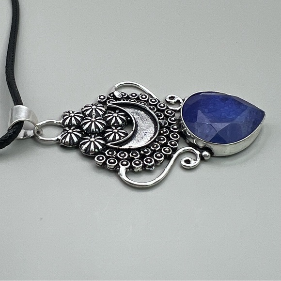 New Faceted Enhanced Sapphire Stone Silver Overlay Pendant Necklace with Cord - Picture 2 of 6